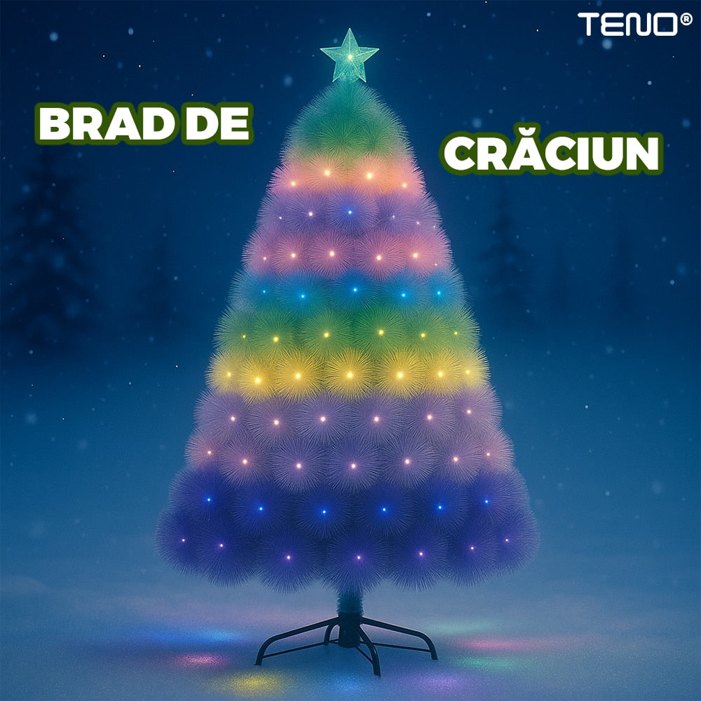 Brad Artificial de Craciun Teno®, crengute colorate pastelate, varf stea inclus, cadru metalic, atmosfera feerica, verde, 150 cm