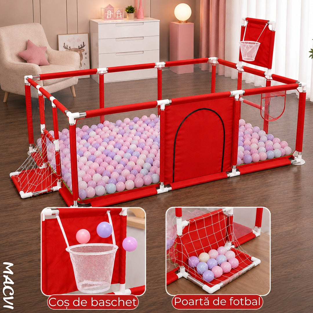 Tarc pentru copii Macvi® 100 bile incluse, gard de siguranta, 6 luni - 6 ani, 190x129x66 cm, usor de montat, otel inoxidabil, rosu