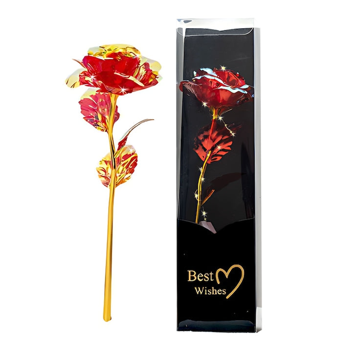 Trandafir Artizanal Teno®, efect de cristal, aspect auriu, luminite LED cu baterii, rezistent, nemuritor, design realist, 22 x 13 cm, rosu