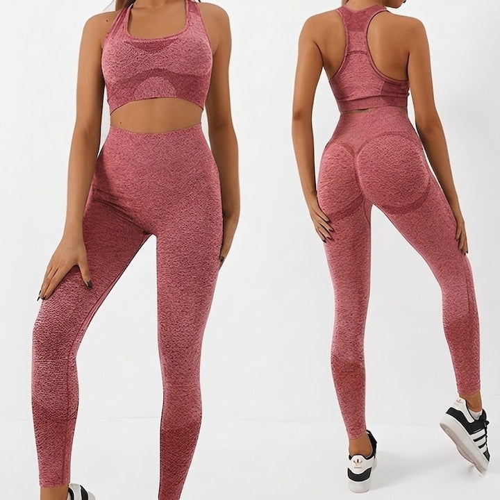 Set Costum Fitness din 2 Piese Teno®, colanti si bustiera, material respirabil, uscare rapida, elasticitate ridicata, one-size, roz