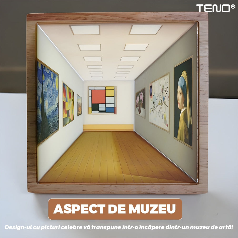 Tablou Iluzie Teno®, picturi celebre, design 3D, diverse perspective, rama din lemn, lumini LED, naked eye, 19 x 19 x 15 cm, maro