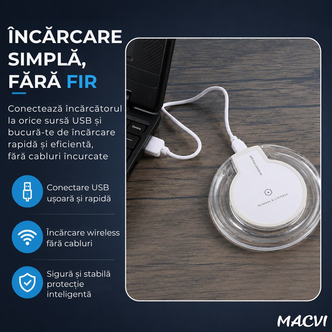 Incarcator wireless MACVI® wireless alb cablu microusb inclus, universal