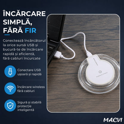 Incarcator wireless MACVI® wireless alb cablu microusb inclus, universal