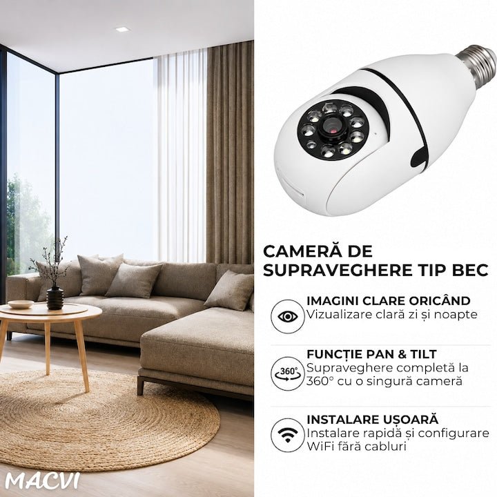 Camera de Supraveghere WiFi Macvi® Tip Bec E27, PTZ 360°, Full HD 1080P, 2MP, Vedere Nocturna Color, Detectare Miscare si Sunet, Audio Bidirectional, iCSee, Slot Card MicroSD 128GB, Alb