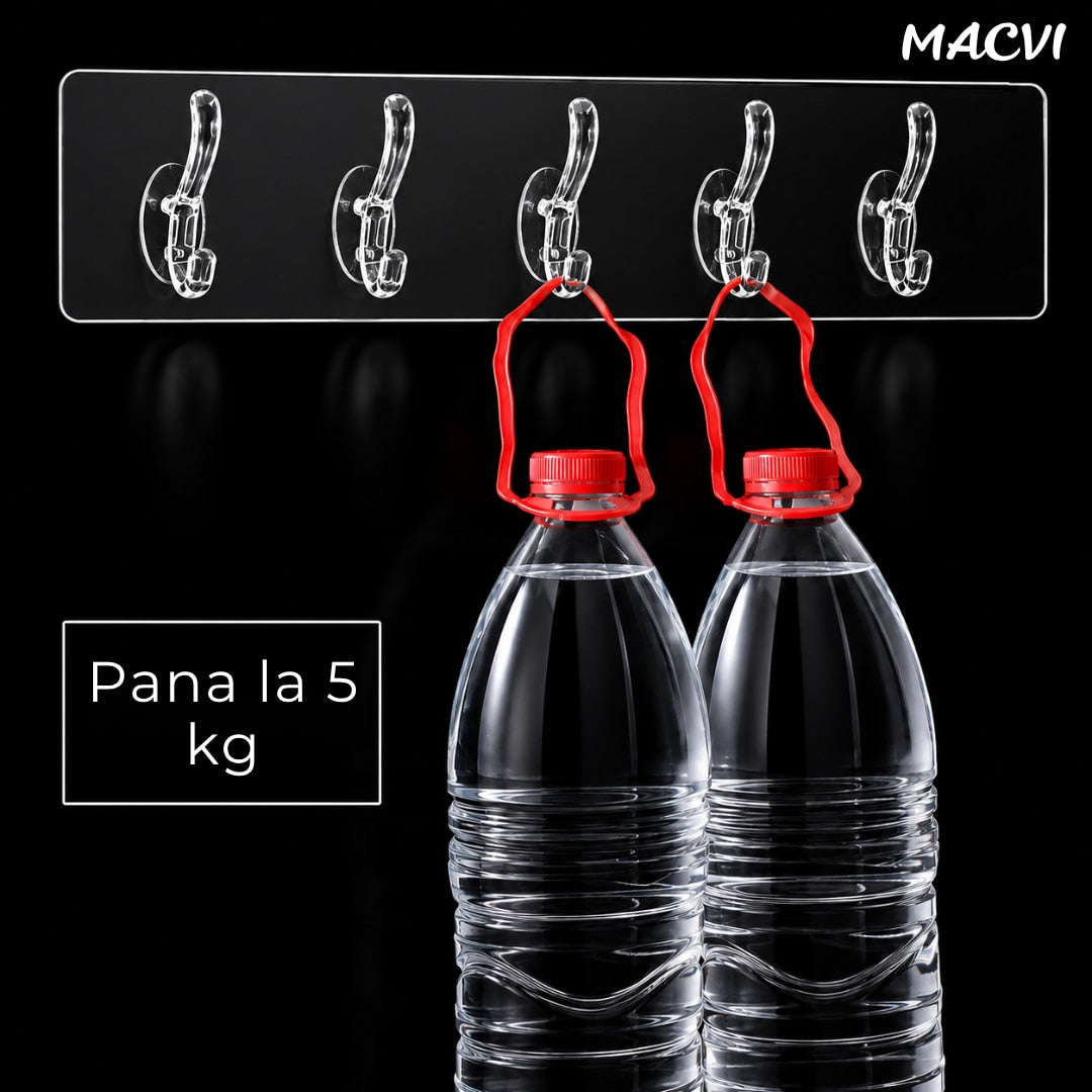 Suport autoadeziv baie sau bucatarie Macvi®, transparent, plastic rezistent, 5 carlige multifunctionale, 35 x 7 cm