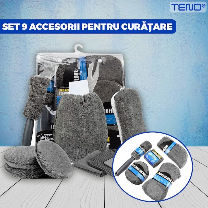 Kit pentru Curatare si Detailing Auto Teno®, interior/exterior, pamatuf, manusa, burete dublu, 3 lavete, 3 piese pentru lustruire, microfibra, gri