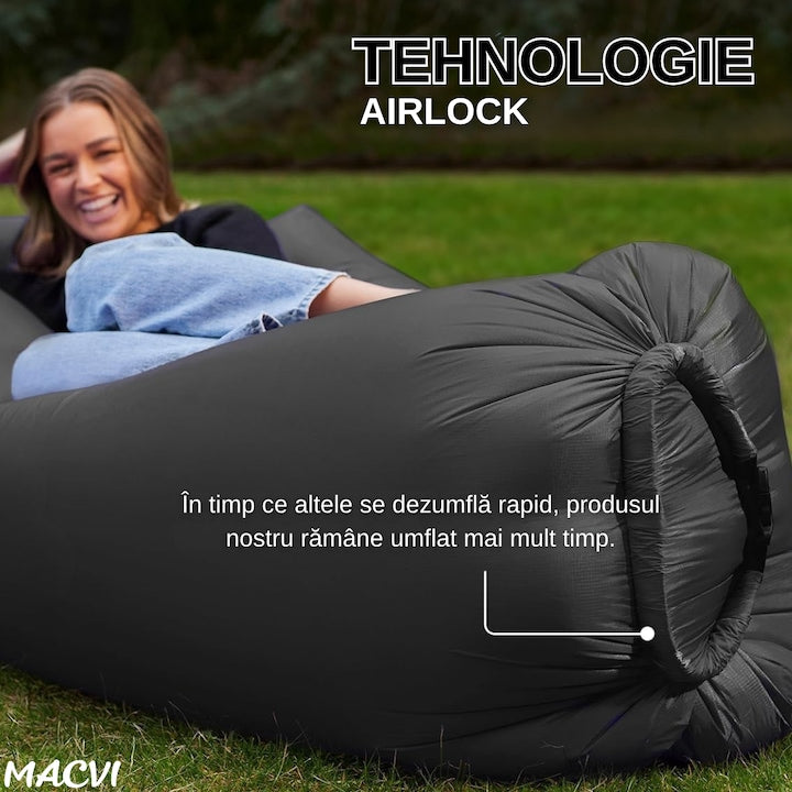 Saltea gonflabila tip sezlong Lazybag Macvi®, material rezistent, umflare fara pompa, pentru plaja/picnic/camping, rucsac de depozitare, 190 x 70 cm,Negru
