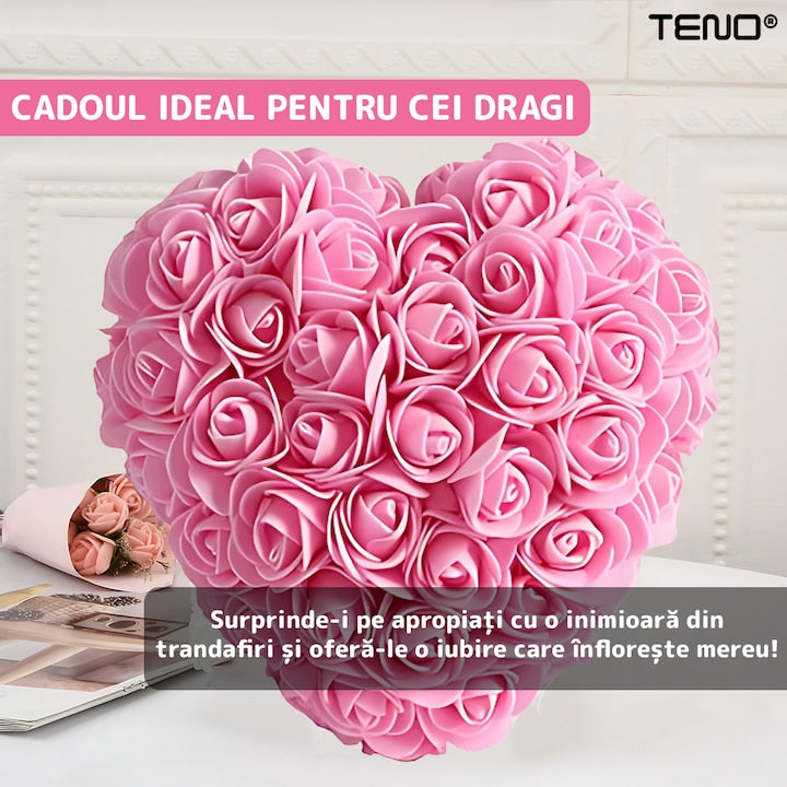 Inimioara din Trandafiri de Spuma Teno®, floral roz, handmade, cutie transparenta, eleganta si naturala, nemuritoare, 17 cm