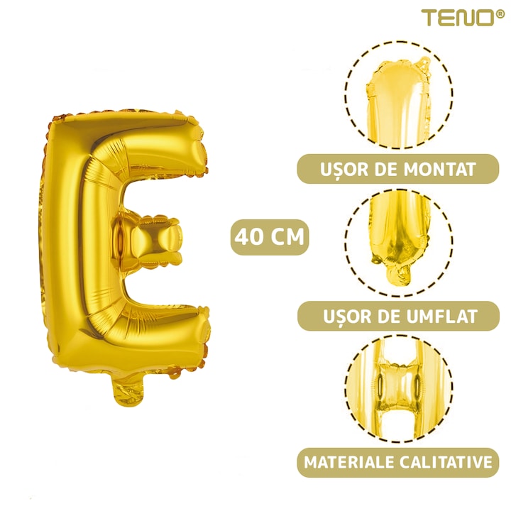 Balon in Forma de Litera E Teno®, metalizat, pentru Petreceri/Aniversari/Evenimente, rezistent, folie, gold, 40 cm
