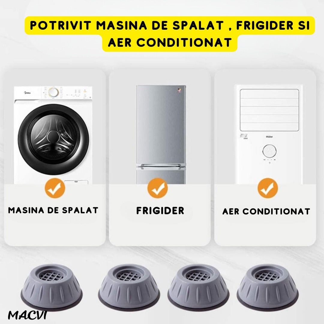 Set 4 Suporturi Antivibratii Macvi® din Cauciuc Natural Antizgomot si Antiderapante pentru Masini de Spalat, Uscatoare si Frigidere
