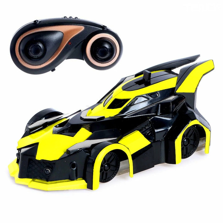 Masinuta Antigravitationala cu Telecomanda Teno®, urcare pe pereti si tavan, compatibila cu orice suprafata, rotire 360 de grade, senzor infrarosu, incarcare cu port USB, telecomanda intuitiva, galben/negru
