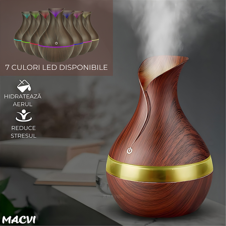 Difuzor Aromaterapie Macvi® cu Umidificator, ultrasunete, forma de vaza, buton touch, maro, LED 7 culori, 130 ml