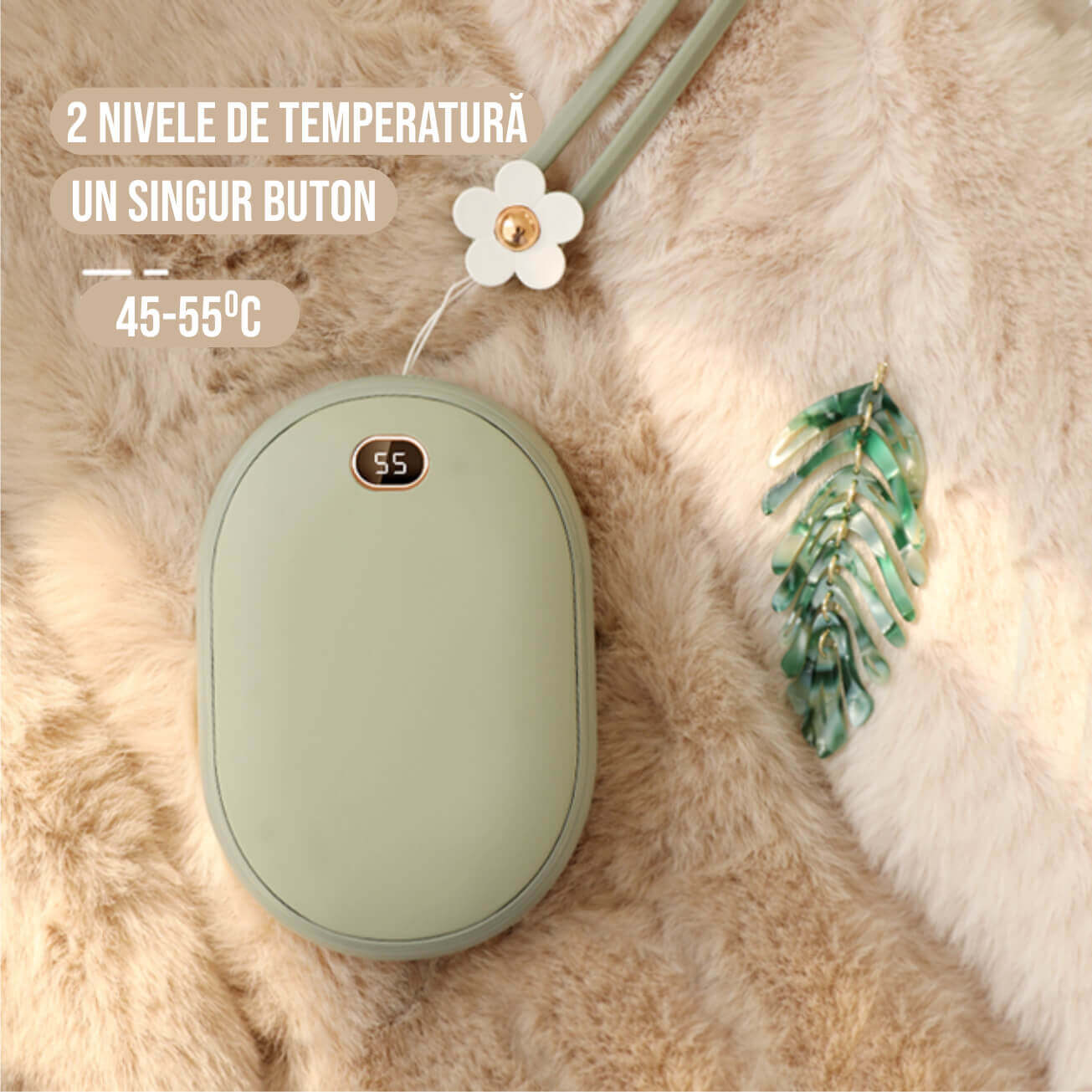 Incalzitor de maini Macvi® 2 in 1, Powerbank 10000mAh, USB, 2 trepte incalzire 45°/55°, compact si portabil, verde