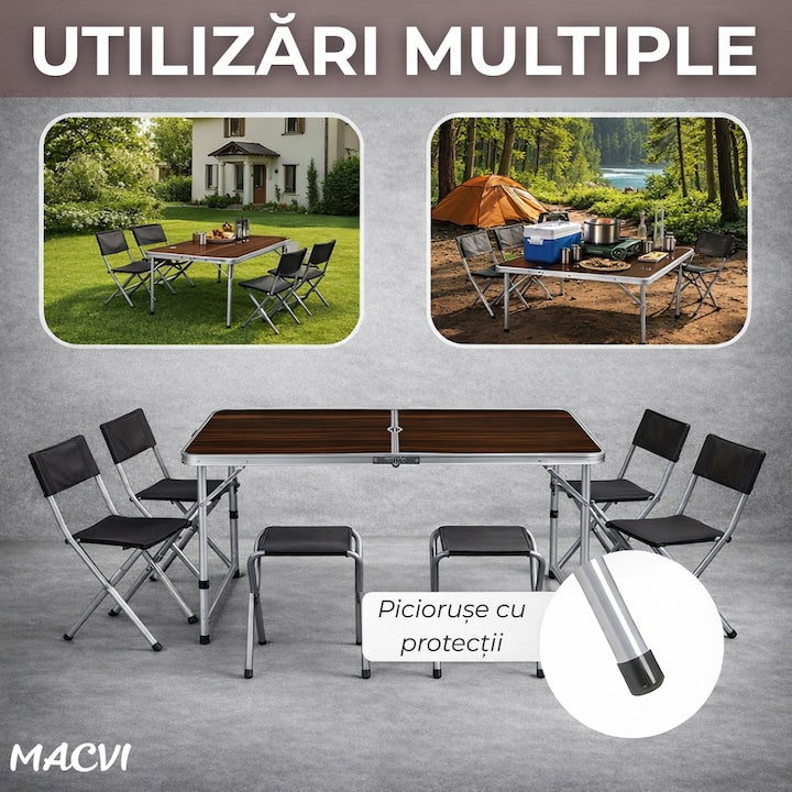 Masa pliabila camping Macvi® Meteor, aluminiu usor, blat MDF 120x60 cm, reglabila pe inaltime, portabila tip valiza