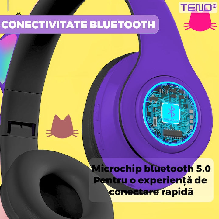Casti Wireless Model Pisica Teno®, B39, overear, urechi de pisica cu iluminare RGB, bluetooth 5.0, handsfree, HiFi, bass stereo, mov/negru