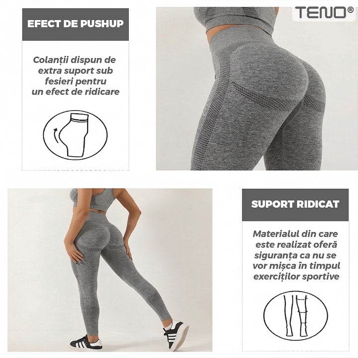 Set Costum Fitness din 2 Piese Teno®, colanti si bustiera, material respirabil, uscare rapida, elasticitate ridicata, one-size, gri