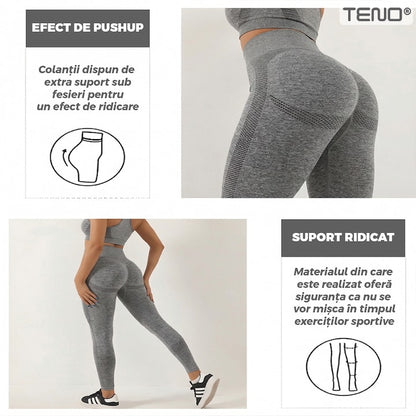Set Costum Fitness din 2 Piese Teno®, colanti si bustiera, material respirabil, uscare rapida, elasticitate ridicata, one-size, gri