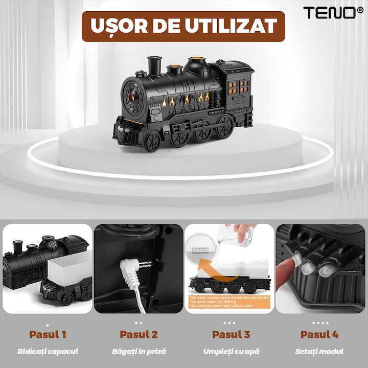 Difuzor Aromaterapie Teno®, forma de locomotiva, culori LED, lumini dinamice, control cu butoane, 2 moduri, capacitate 300ml, silentios, umidifica aerul, negru