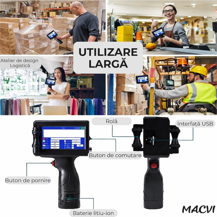 Imprimanta termica portabila Macvi®, wireless, 12.7 mm, cerneala HP originala, coduri QR, coduri de bare, date variabile, multifunctionala