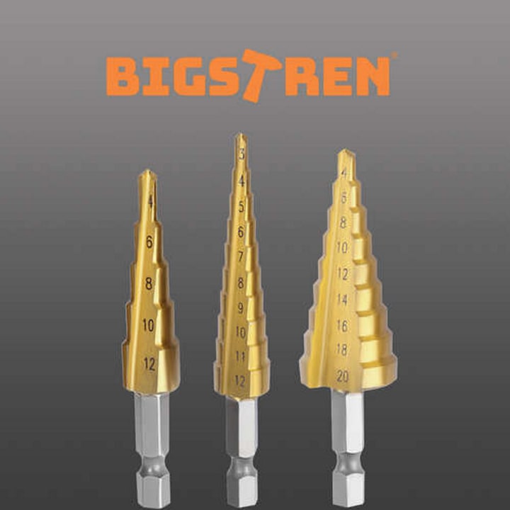 Set 3 burghie conice in trepte Macvi®, otel HSS cu acoperire titan, tije 6 mm, dimensiuni 4-12 mm, 3-12 mm, 4-20 mm, cutie depozitare inclusa, rezistente si durabile