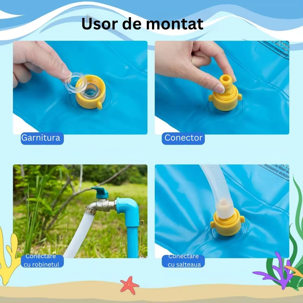 Piscina tip covoras de apa Macvi®, 100 cm, Albastru, PVC rezistent, Conectare la furtun apa, pentru joaca in aer liber