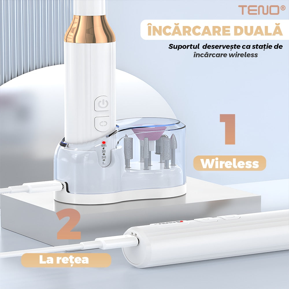 Pila Electrica Profesionala pentru Unghii Teno®, freza wireless, 18000 RPM, indicator led, manichiura-pedichiura, 12 capete pentru pila, 36 benzi de slefurie, portabila, alb