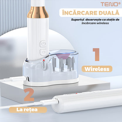 Pila Electrica Profesionala pentru Unghii Teno®, freza wireless, 18000 RPM, indicator led, manichiura-pedichiura, 12 capete pentru pila, 36 benzi de slefurie, portabila, alb