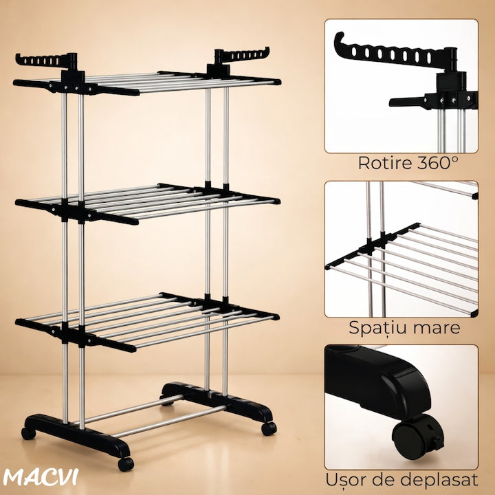 Uscator vertical pentru rufe Macvi®, cu 3 nivele de uscare, mobil si pliabil, suport umerase, negru