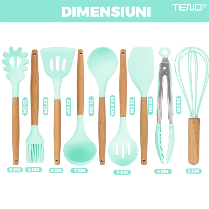 Set Ustensile Bucatarie 12 Piese Silicon Alimentar Teno®, termorezistente, antiaderente, sigure, suport inclus, turcoaz