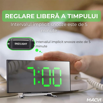 Ceas de masa tip oglinda Macvi® , model DT-6507, ecran LED curbat, afisare temperatura, Verde