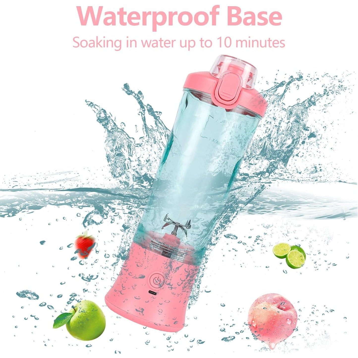 Blender Portabil Macvi® pentru Smoothie-uri 600 ml cu 6 Lame din Otel Inoxidabil, Baterie Reincarcabila 4000 mAh USB, Temporizator Automat 30 Secunde, Roz