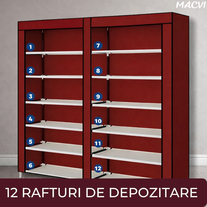 Dulap Pantofi Macvi®, Dulap Textil Dublu pentru Incaltaminte, 6 Niveluri, 120 x 30 x 118 cm, Rosu