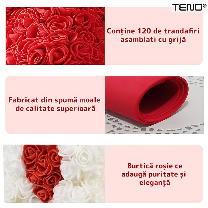 Ursulet din Trandafiri de Spuma Teno®, floral alb cu burtica rosie, handmade, cutie transparenta, 25 cm