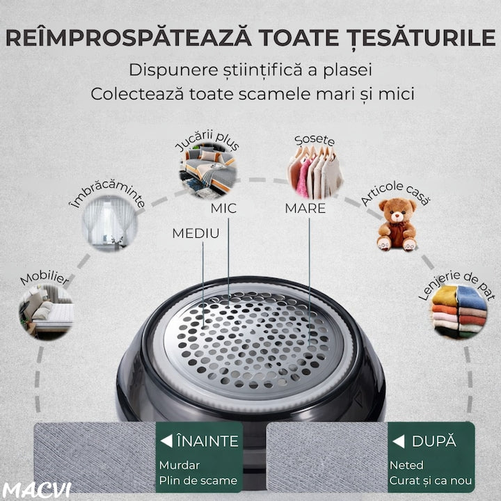 Aparat de indepartat scame Macvi®, incarcare USB, utilizare 4 ore, curatare uscata, verde