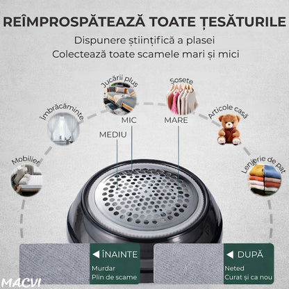 Aparat de indepartat scame Macvi®, incarcare USB, utilizare 4 ore, curatare uscata, verde