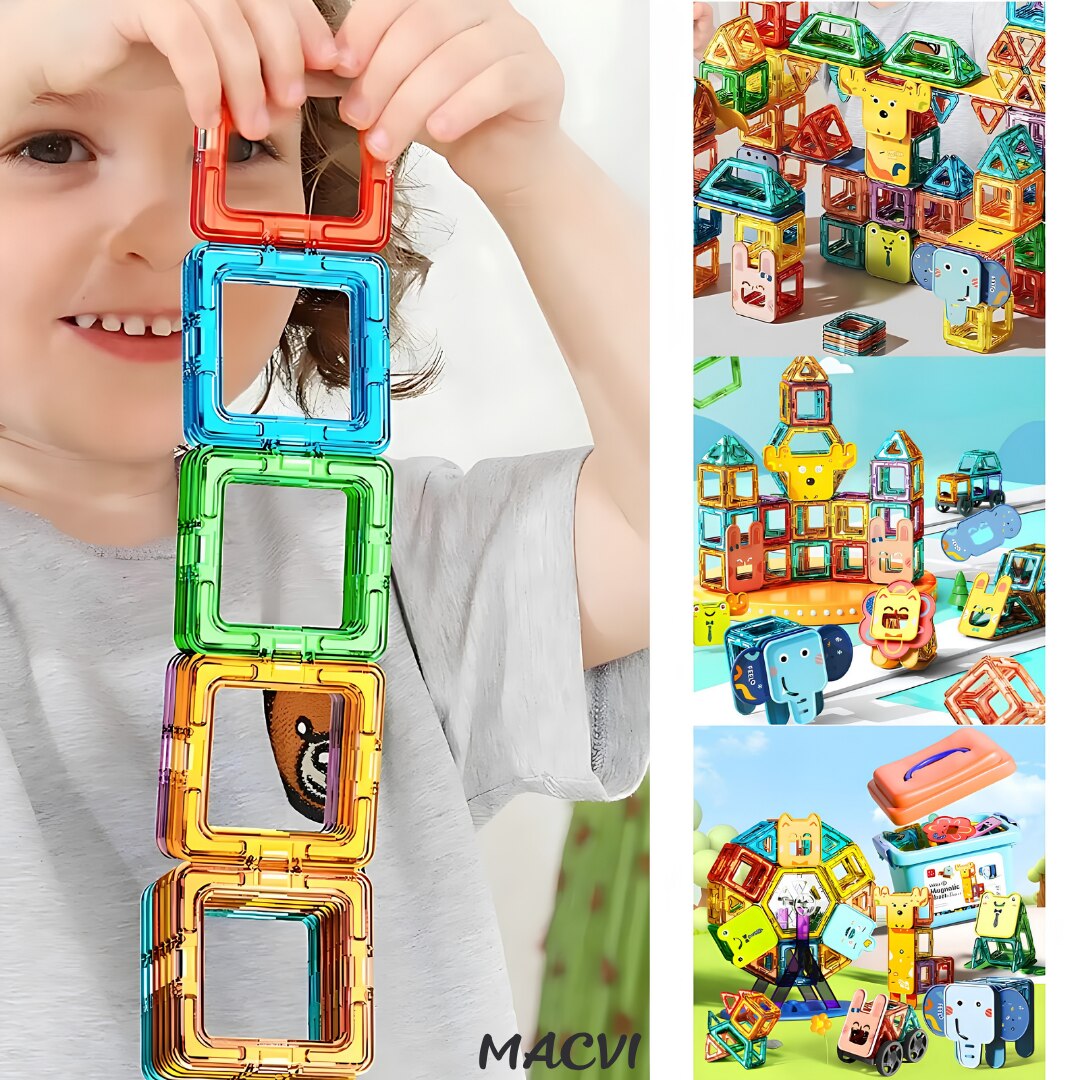 Set 36 piese magnetice constructie Macvi®, joc educativ copii 3 ani+, dezvolta creativitatea, gandirea logica, abilitati matematice, multicolor