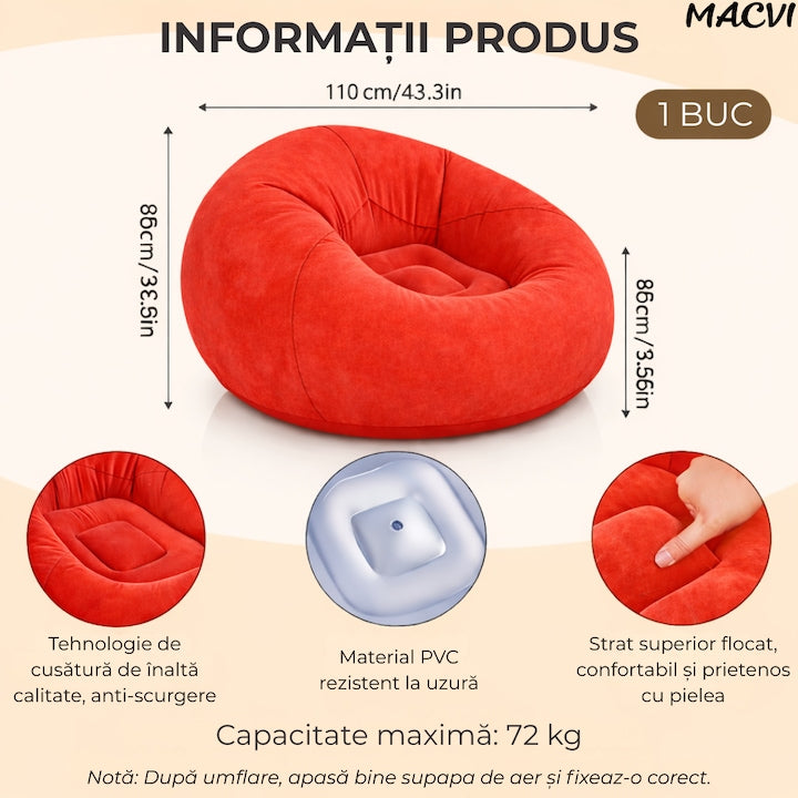 Fotoliu Gonflabil Macvi® Lazy Bag cu pompa inclusa, 110x110x85 cm, Confort Maxim, Portabila, pentru Interior si Exterior, Culoare Rosu