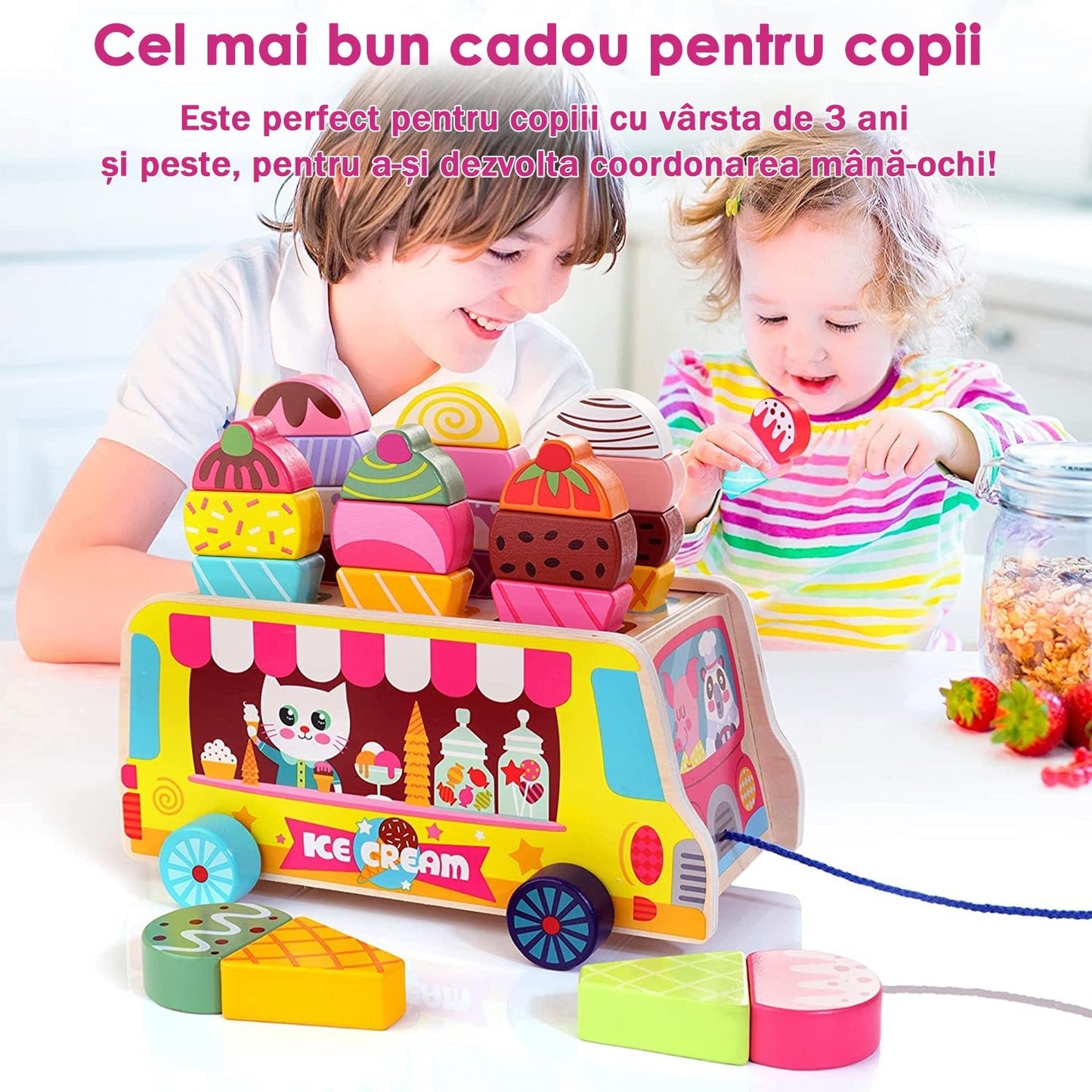 Jucarie Montessori Macvi® din Lemn Tabla Magnetica Inghetata Sortare Forme Copii 3 Ani+