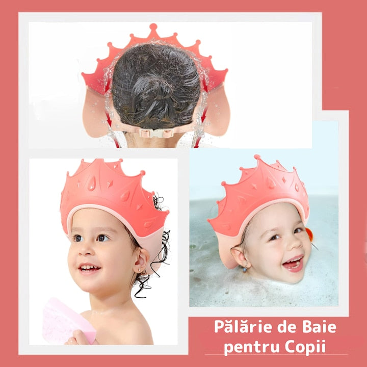 Palarie de Baie pentru Copii Teno®, protectie impotriva samponului pentru ochi si urechi, reglabila, forma coroana rege/regina, roz