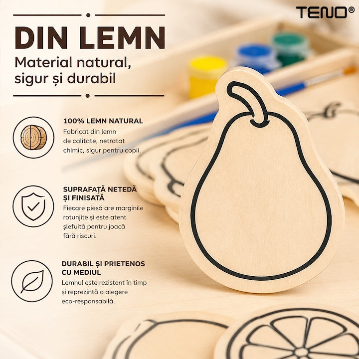 Set de Pictura Teno®, tematica fructe, din lemn, culori vibrante, dezvolta creativitatea, cutie de depozitare, acuarele incluse, multicolor