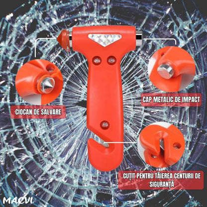 Ciocan de urgenta auto Macvi® 3 in 1, ABS rezistent, cu cutter pentru centura de siguranta si cap metalic pentru spart geamuri