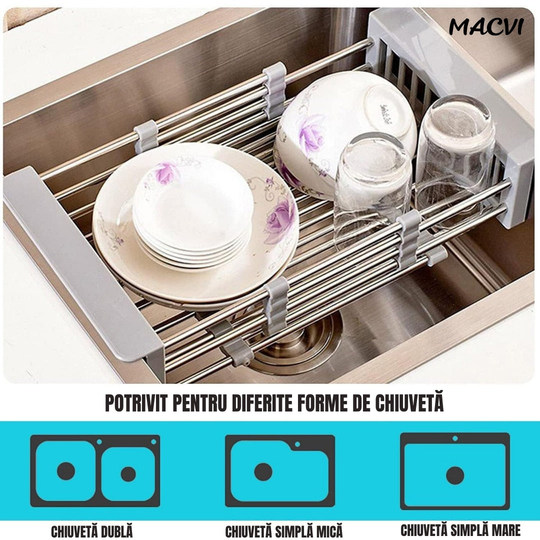 Cos de scurgere pentru chiuveta mica Macvi®, inox si plastic alimentar, 46x16 cm, extensibil, pentru legume, fructe si vase