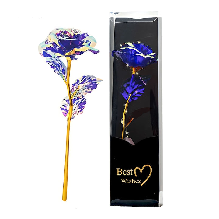 Trandafir Artizanal Teno®, efect de cristal, aspect auriu, luminite LED cu baterii, rezistent, nemuritor, design realist, 22 x 13 cm, albastru