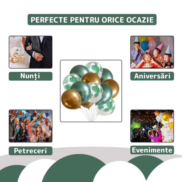 Set 15 Baloane Teno®, Model Frunze, pentru Petreceri/Aniversari/Evenimente, o singura dimensiune, 3 culori, latex, verde/auriu/transparent
