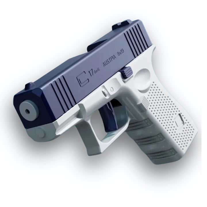 Pistol cu apa copii Macvi®, albastru cu alb, actionare manuala, jucarie vara exterior, dezvoltare dexteritate, 11.5 x 10 x 2.5 cm