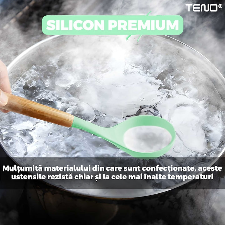 Set Ustensile Bucatarie 12 Piese Silicon Alimentar Teno®, termorezistente, antiaderente, sigure, suport inclus, verde deschis