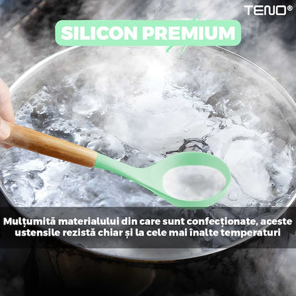 Set Ustensile Bucatarie 12 Piese Silicon Alimentar Teno®, termorezistente, antiaderente, sigure, suport inclus, verde deschis