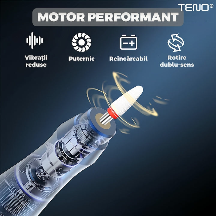 Pila Electrica Profesionala pentru Unghii Teno®, freza wireless, 20000 RPM, indicator LED, manichiura-pedichiura, 6 capete pentru pila, 60 benzi de slefurie, portabila, gri