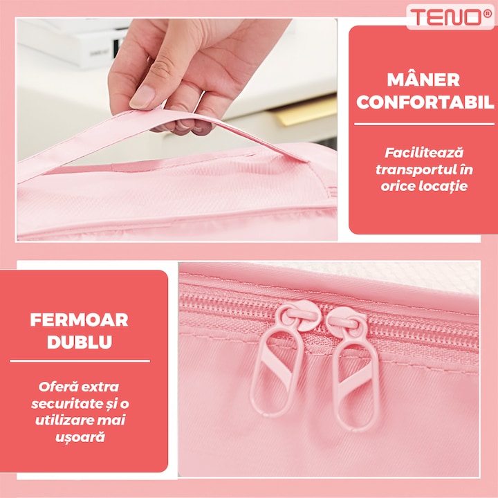 Set 6 Organizatoare Teno®, pentru calatorie, diferite marimi, bagaj de voiaj, valiza, troler, genti, haine, accesorii, inchidere cu fermoar dublu, plasa, roz
