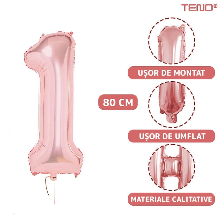 Set 12 Baloane Teno®, Cifra 1, pentru Petreceri/Aniversari/Evenimente, Stea/Rotunde/Confetti, 3 culori, latex, rose gold